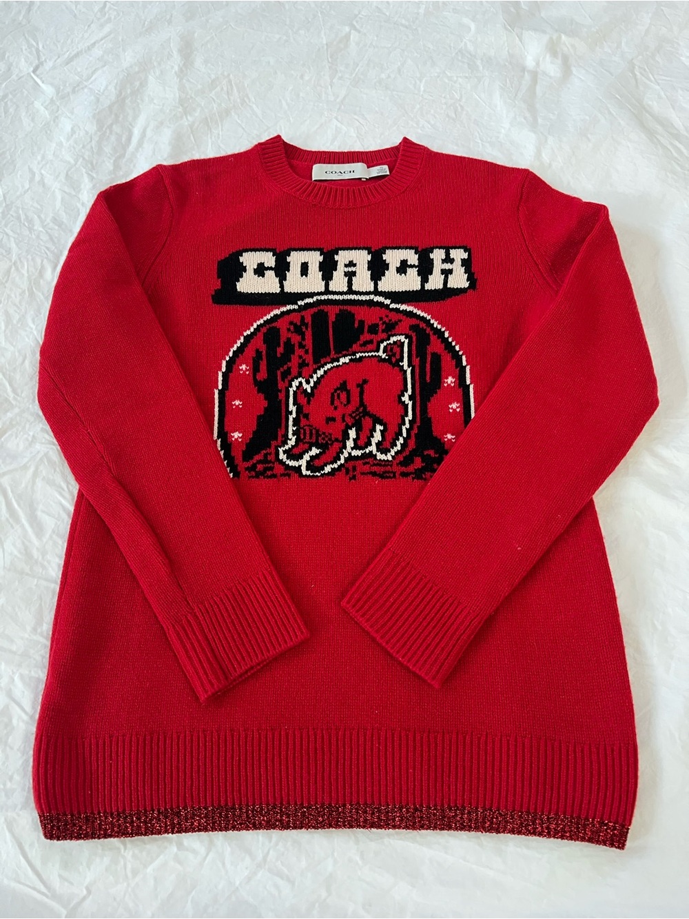 Coach Red Crewneck Logo Intarsia Sweater